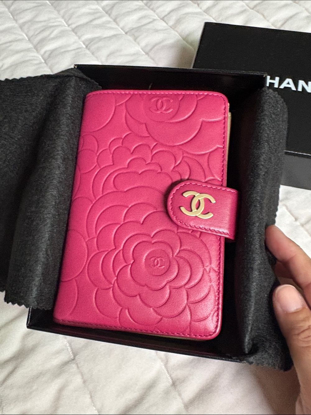 CHANEL Hot Pink Quilted Camellia Leather French wallet with Gold CC